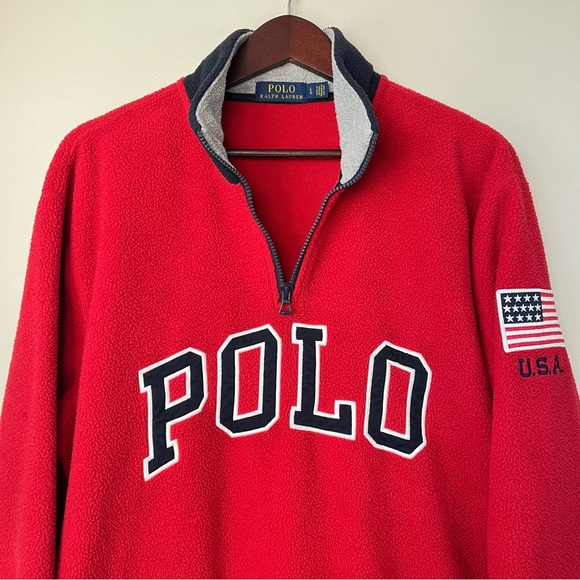 Polo Ralph Lauren Mens Large Red 1/4-Zip Fleece Pullover Sweater USA Flag Patch - Picture 5 of 15